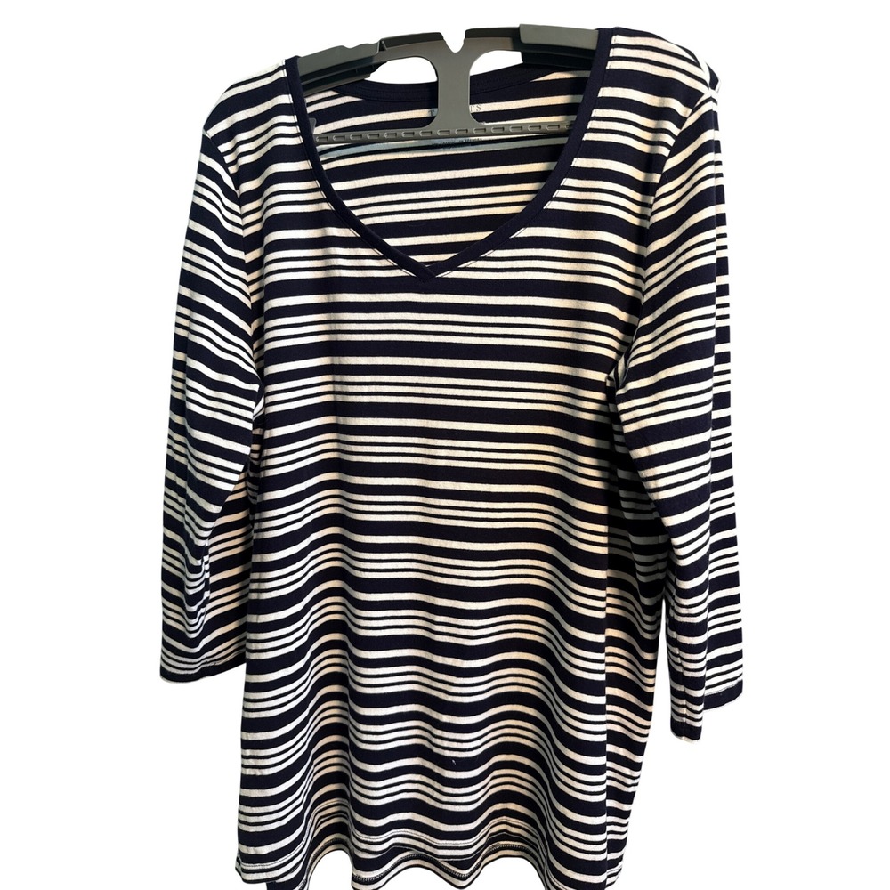 Talbots Woman Navy Blue White Striped V-Neck 3/4 Sleeve Stretch Weekend Tee 1X